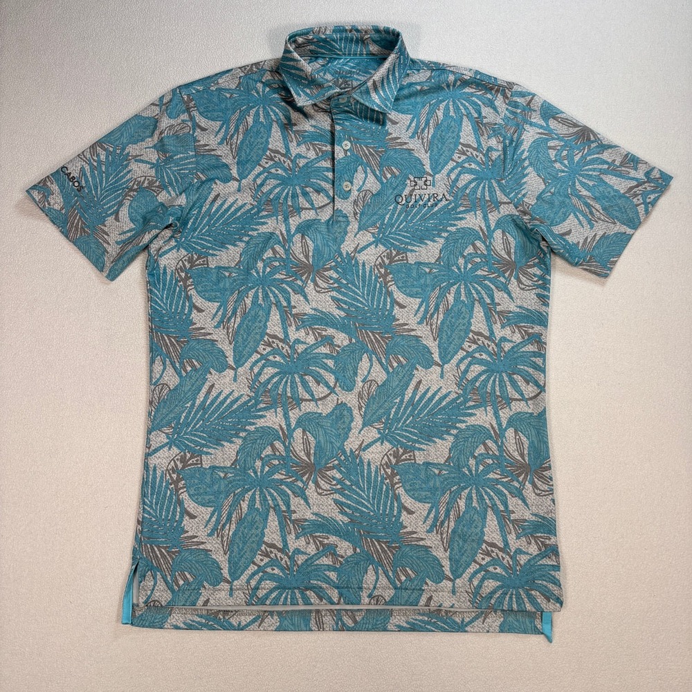 johnnie-O Teal and Taupe Tropical Leaf Polo size small